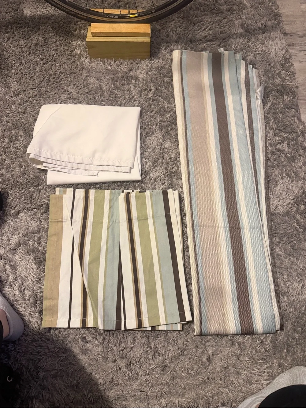 Striped shower Curtain, fabric liner, and valance